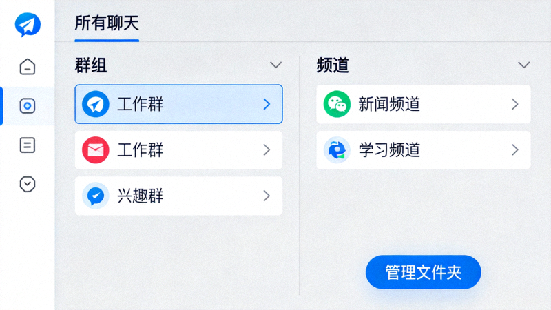 Telegram电脑版侧边栏展示已创建的群组、频道文件夹管理界面
