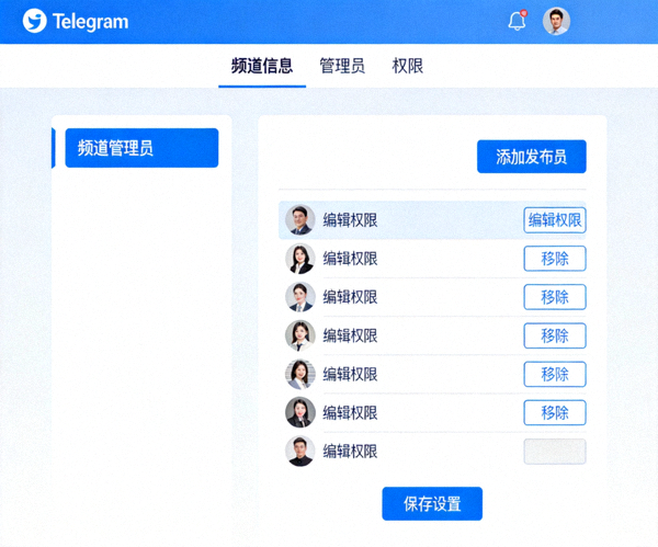 Telegram电脑版频道管理员设置页面，展示添加和管理发布员的选项
