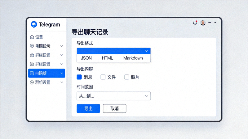 Telegram电脑版群组设置中导出聊天记录备份的选项界面