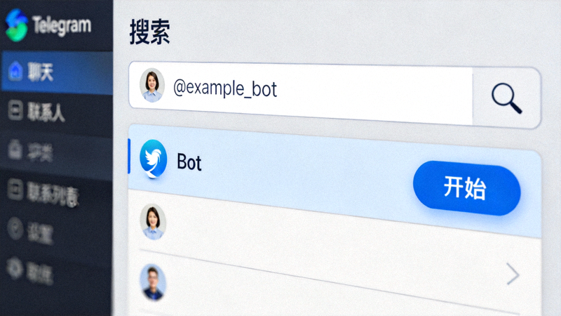 Telegram电脑版搜索框内输入Bot用户名并点击开始的界面截图