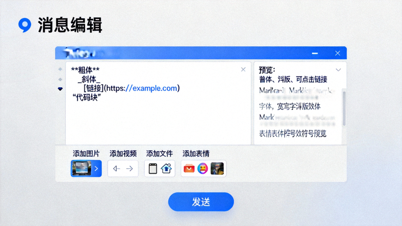 Telegram电脑版消息编辑框展示Markdown排版效果与多媒体附件添加