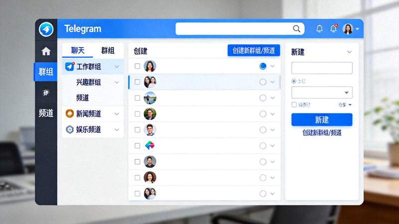 在Telegram电脑版上创建并分类管理群组与频道的操作界面截图