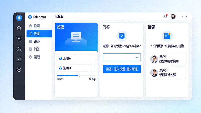 展示Telegram电脑版中投票、问答、话题等互动功能的界面