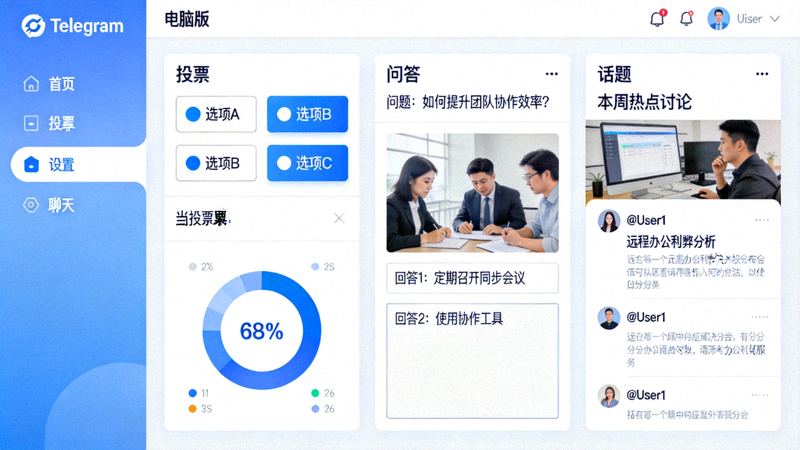展示Telegram电脑版中投票、问答、话题等互动功能的界面