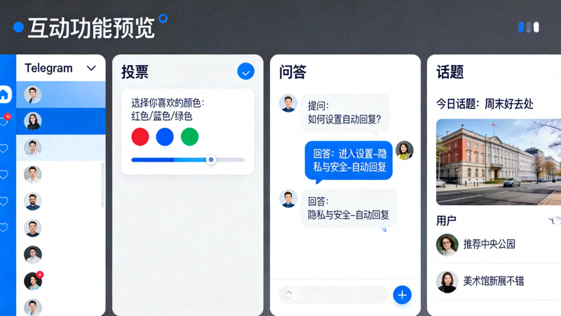 展示Telegram电脑版中投票、问答、话题等互动功能的使用界面与效果预览