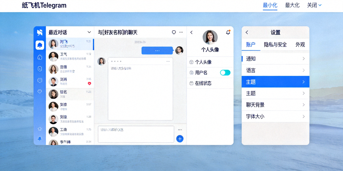 纸飞机中文版Telegram电脑版桌面主界面与设置菜单概览图